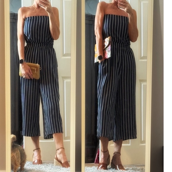 Lulus Jumpsuit Blue White Stripe Strapless Cropped Leg Open Back Elastic Waist - Picture 3 of 16